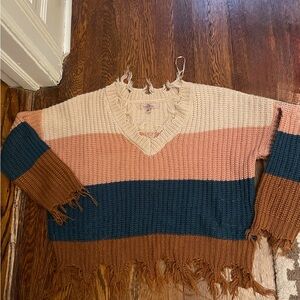 Love Tree Striped V-Neck Sweater - Cream, Pink, Brown, Blue
